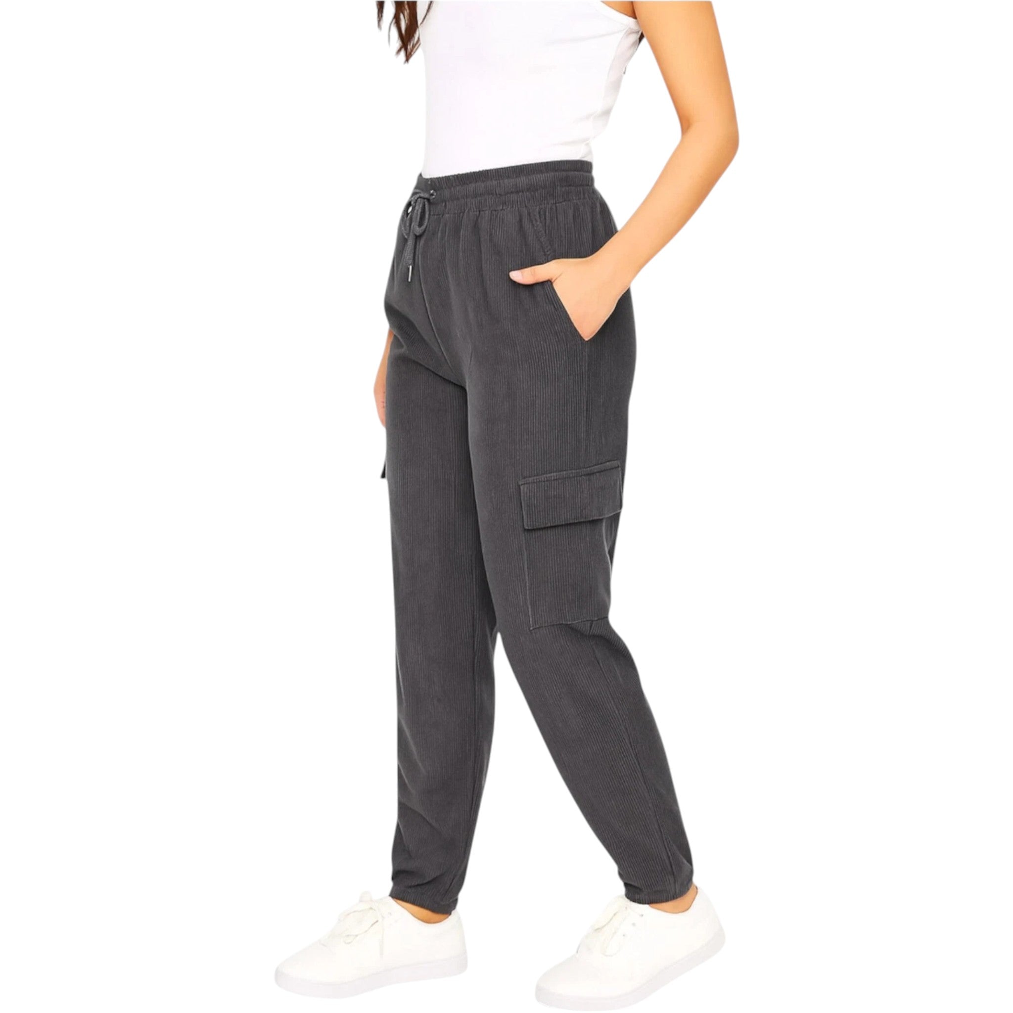 Ladies grey cord cargo joggers with pockets – casual relaxed fit